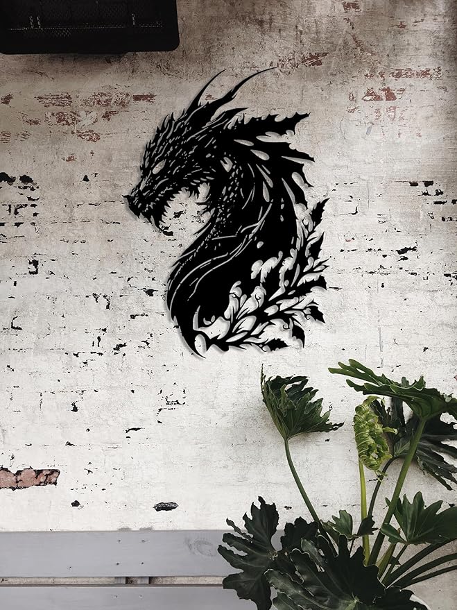 Dragon Metal Wall Art Medieval Decor Fantasy Decorations for Living Room Bedroom Office Man Cave Decor for Men Dragon Lover's Gifts (14.2 In X 11.4 In Black）