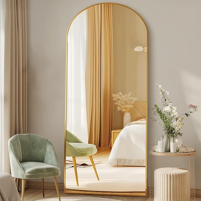 DUMOS Arched Full Length Mirror with Stand Floor Standing Aluminum Frame for Bedroom Body Hanging Leaning Modern Simple Home Decor Shatter-Proorf Nano Glass Wall Living Room Cloakroom Gold 65"x24"