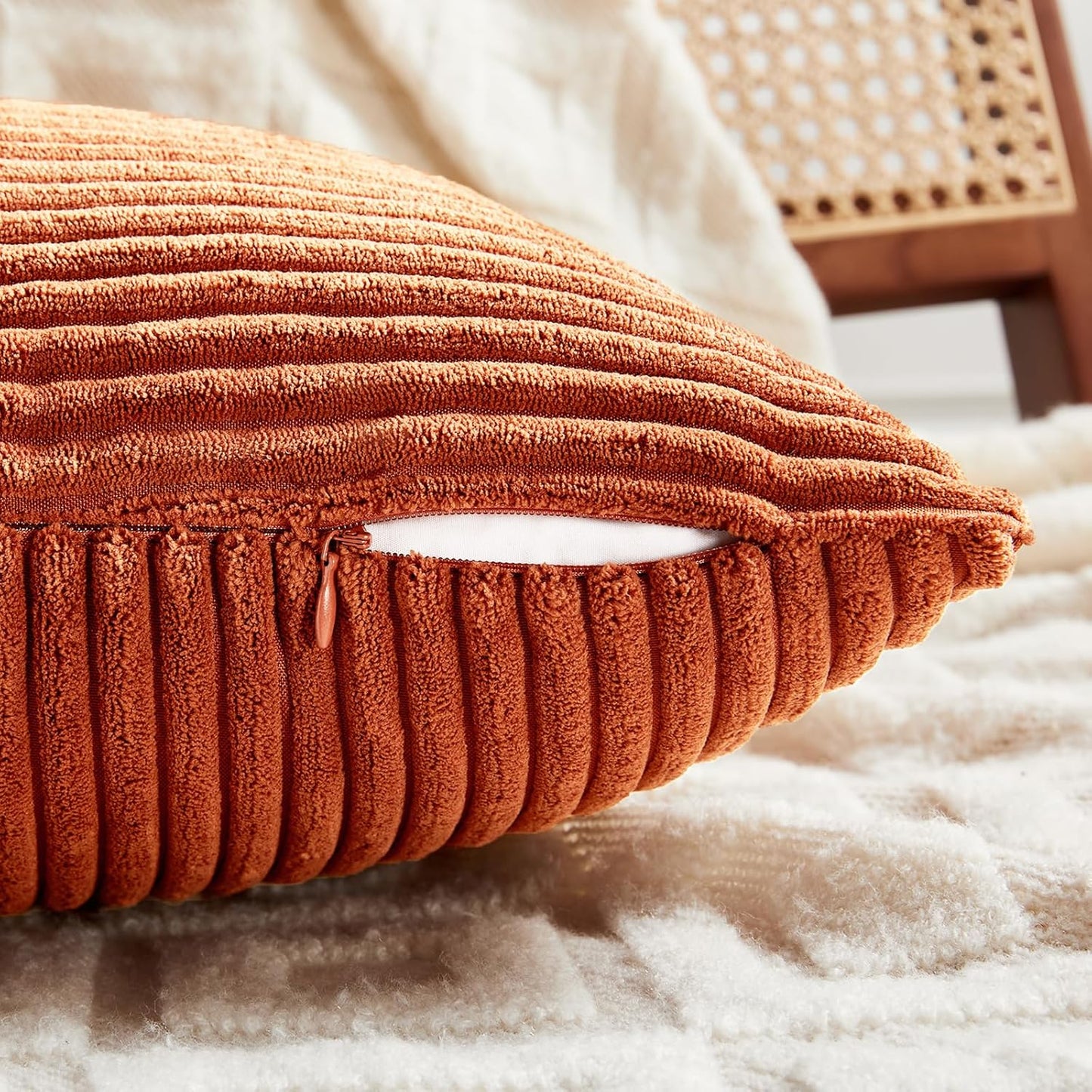 Fancy Homi Set of 2 Burnt Orange Decorative Throw Pillow Covers 16x16 Inch for Living Room Couch Bed, Boho Farmhouse Fall Home Decor, Soft Corss Corduroy Patchwork Textured Cushion Case 40x40 cm