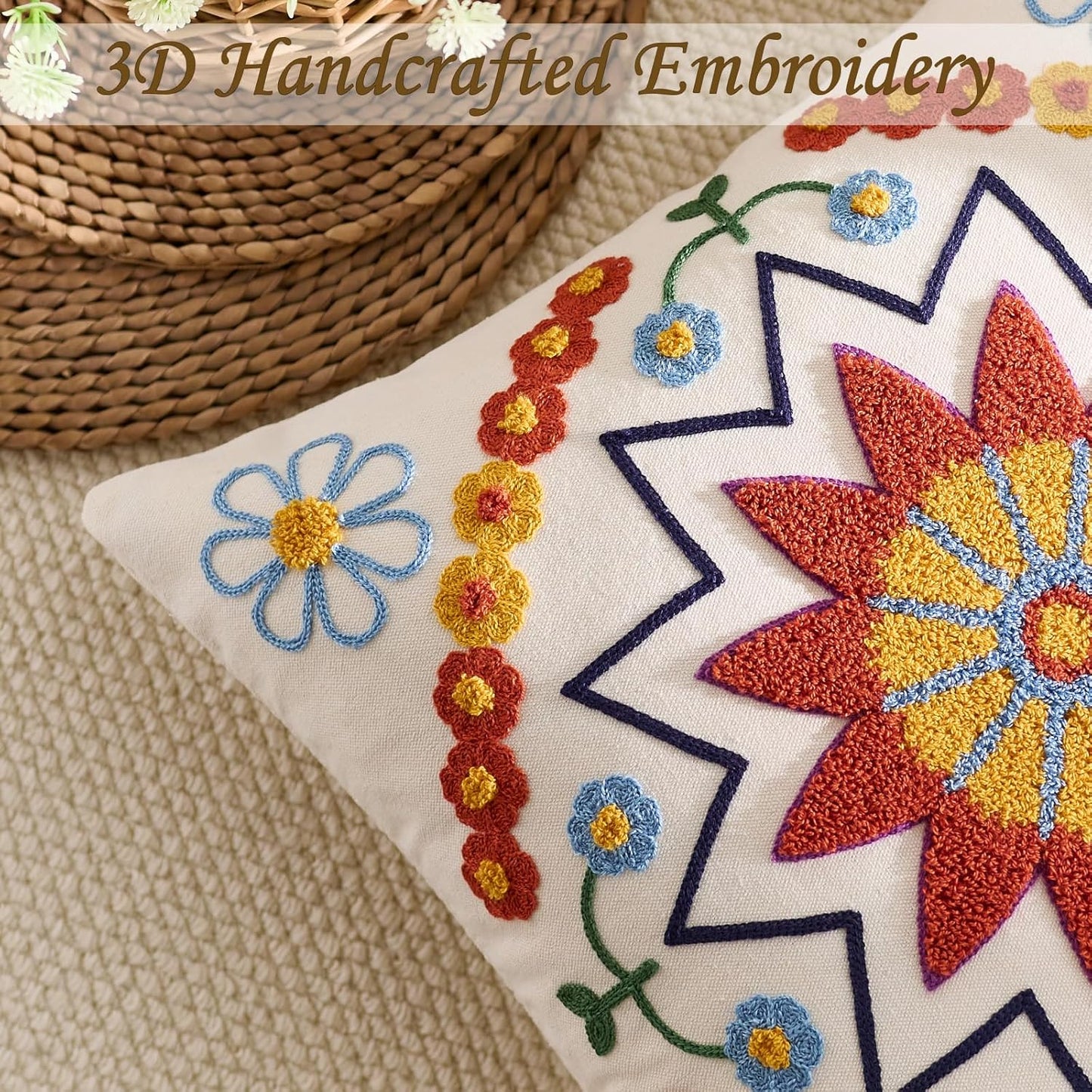 Embroidered Throw Pillow Cover 18x18 Classic Fall Boho Floral Pattern Pillows Cover Outdoor Decorative Pillowcase,Durable Cozy Textured Cushion Case for Sofa Couch Bed Living Room,Orange