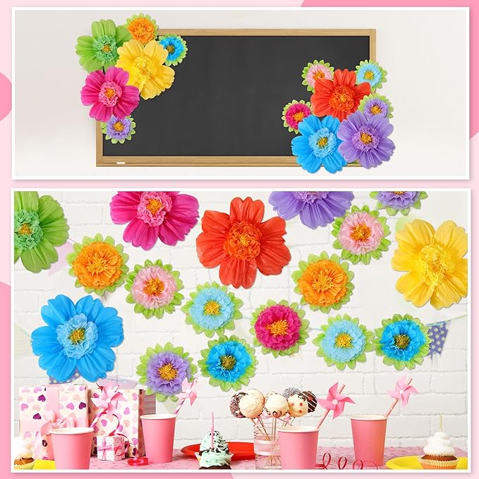 TaoBary Large Colorful Tissue Paper Flowers Giant Fiesta Paper Pom Poms Mexican Birthday Decorations for Wall Wedding Backdrop Centerpiece Party Supplies(20" and 10",Rainbow Color,12 Pcs)