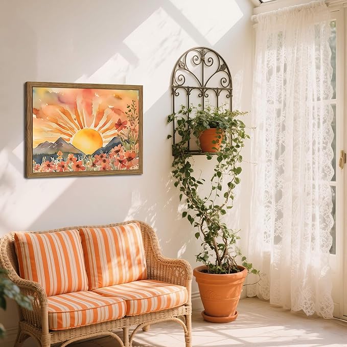 Framed Sunset Boho Wall Art for Living Room - Modern Abstract Floral Canvas Picture Boho Wall Decor, Sun Landscape Aesthetic Painting Poster Prints for Bedroom Home Office 16x24 inch