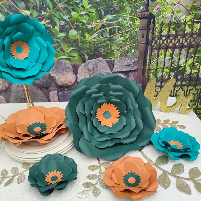 Paper Flower with Leaf for Wall Pack of 6 (Blackish Green Teal)