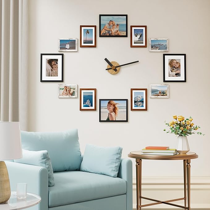 Vittanly 12 Pack Picture Frames Collage Wall Decor for Mounting or Tabletop, Gallery Wall Frame Set for Family, Multi Sizes Including 8x10, 5x7, 4x6, Black & Walnut Brown & Distressed White