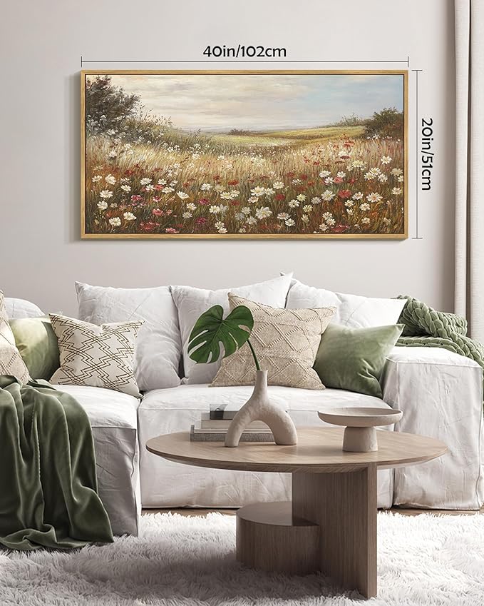 SHENIFY Vintage Framed Wall Art Meadow with Flowers Landscape Scenery Home Decor Retro Wildflower Field Decorations for Farmhouse Bedroom Ready to Hang Wall Artwork - 20x40in Natural Framed
