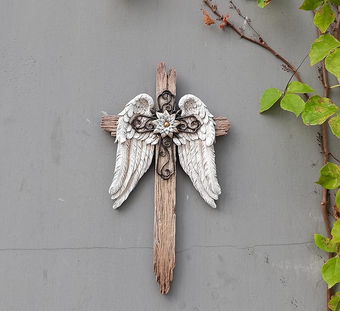 BC Home Decor Angel Wings Crosses Wall Décor, Rustic Decor Style, Decoration Gifts for Women, 12 inches H,Hand Painted by Buildclassic