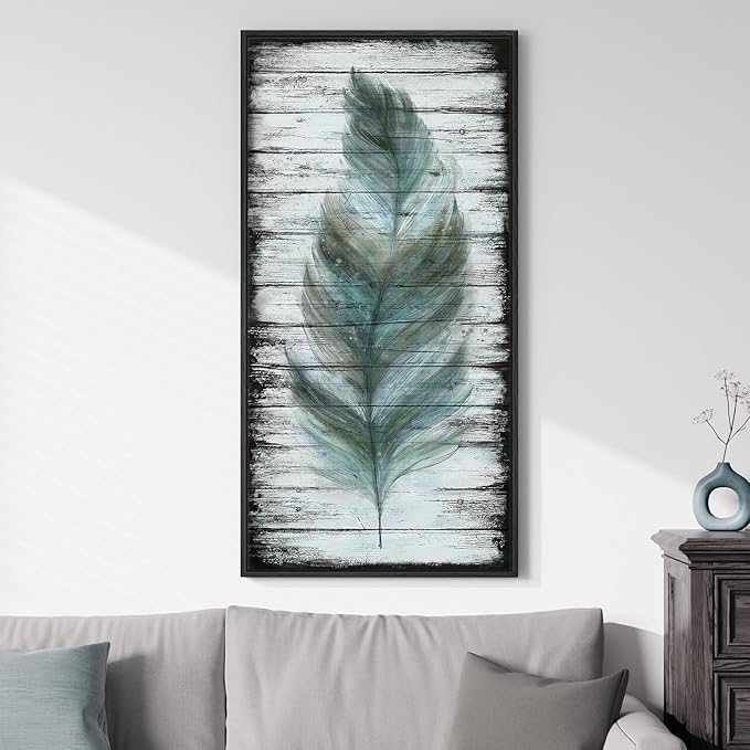 Framed Vertical Feather Living Room Wall Art, Large Vintage Black and Teal Canvas Artwork for Walls, Farmhouse Rustic Feather Painting Print for Office Kitchen Foyer Stair Wall Decor, 20x40 Inch