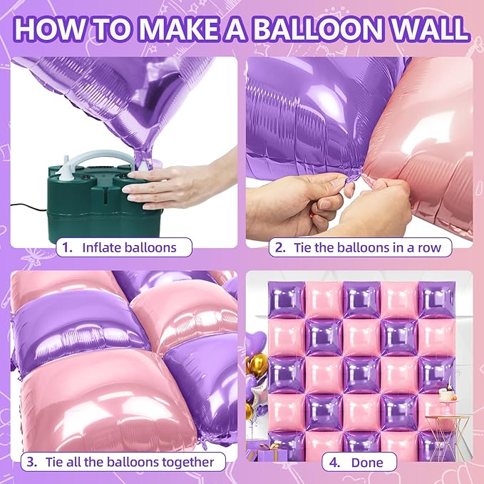 NISOCY 25PCS Pink Purple Square Foil Balloons Wall Backdrop Double Sided Purple Pink Balloons Arch Kit for Birthday Valentine's Day Engagement Bridal Shower Girls Theme Party Decorations