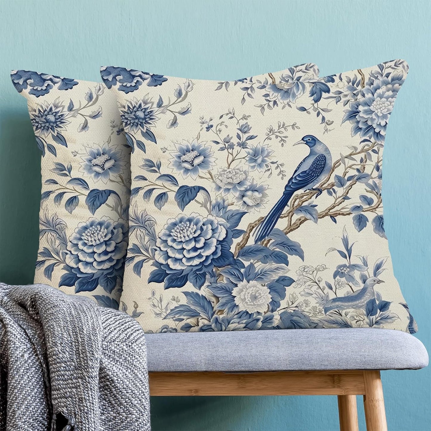 CXMEIFLY Spring Floral Pillow Covers 18 x 18 Inch Set of 2 for Chinoiserie Flowers Bird Decor Throw Pillows Vintage Blue and White Plant Outdoor Decorative Cushion Cases for Couch Bed Decorations