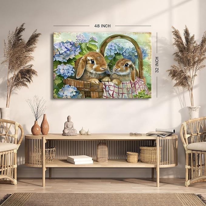 Rabbits Wall Art Easter Wall Decor Blue Flower in Basket Picture Canvas Prints Funny Bunny Poster Vintage Animals Painting Farmhouse Rustic Artwork Kitchen Bedroom Living Room Home Decoration 32x48"