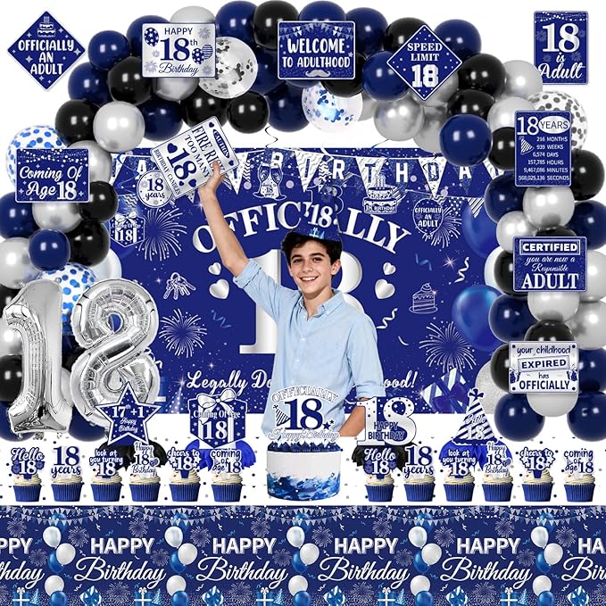 Mpanwen 18th Birthday Decorations for Boys, 113 Pcs Blue Official 18 Year Old Bday Party Decor Supplies for Boy Men with Backdrop, Banner, Tablecloth, Centerpieces, Hanging Swirls, Hat, Wall Signs