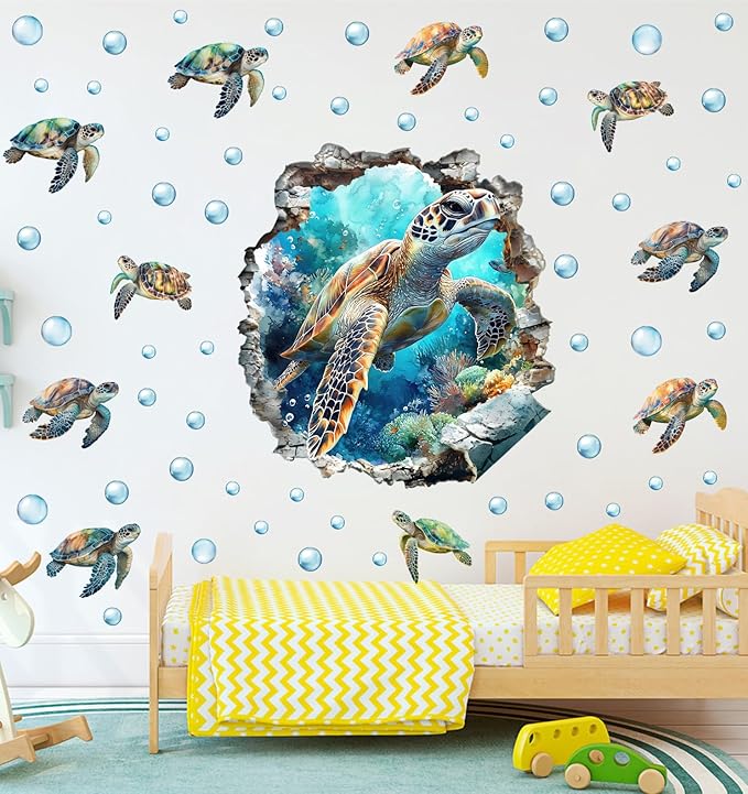 3D Large Sea Turtle Wall Decals(20.6”x22.1”), Watercolor Sea World Vinyl Wall Stickers, Removable Cartoon Under The Sea Animal Artwork for Baby Bedroom Playroom Bathroom Decor