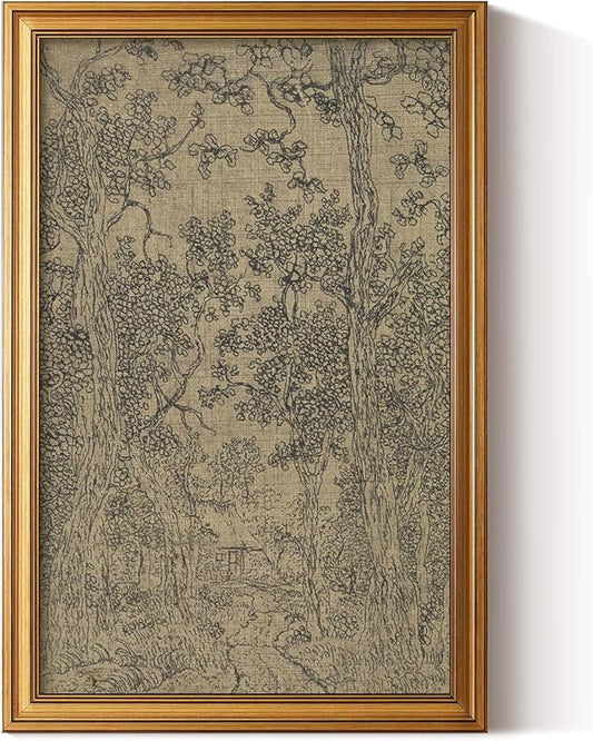 HUARCEY Gold Framed Canvas Wall Art, Antique Sketch Landscape Pictures Vintage Decor, Bedroom Kitchen Shelf Decor, Dark Moody Retro Country Farmhouse Canvas Paintings, 16x24inch