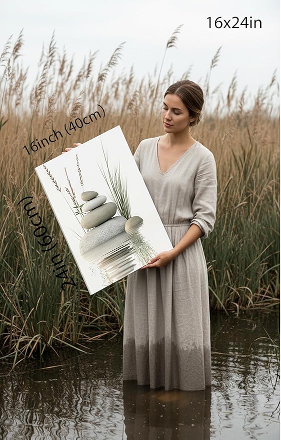 KBIERQN Zen Stone Canvas Wall Art Stacked Stones in Water Poster Print Tranquil Wild Grass Painting Picture for Spa Yoga Meditation Room Bathroom Wall Decor 16x24in Framed Ready to Hang