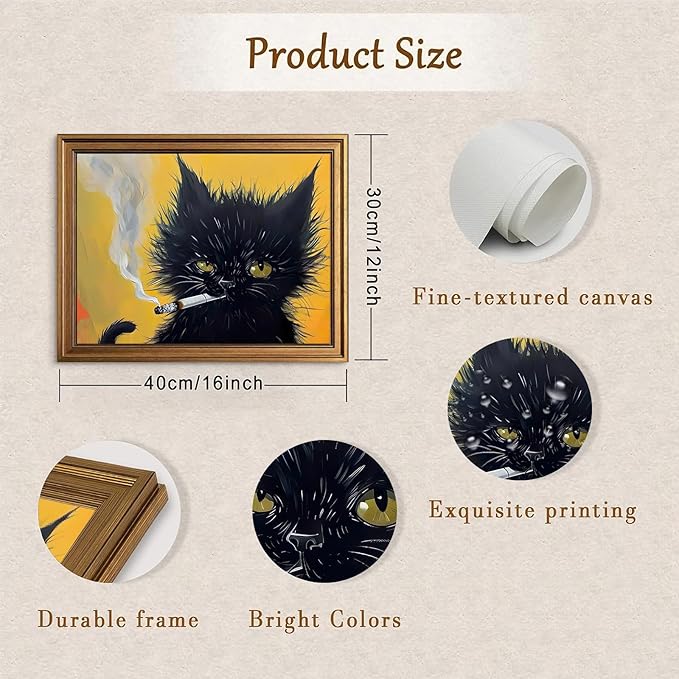 Aroutde Framed Funny Black Cat Wall Art, Cat Smoking a Cigarette Painting Vintage Gold Framed Wall Decor, Black Kitten Humor Animal Restroom Home Decoration (16L''x12W'')