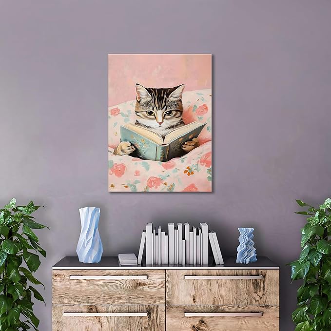 Framed Cats Canvas Wall Art, Funn Tabby Cat Reading Books Picture Wall Decor, Pink Vintage Animal Poster Prints for Girls Room Bedroom Kids Room Living Room Bathroom Decor 16x24 inch