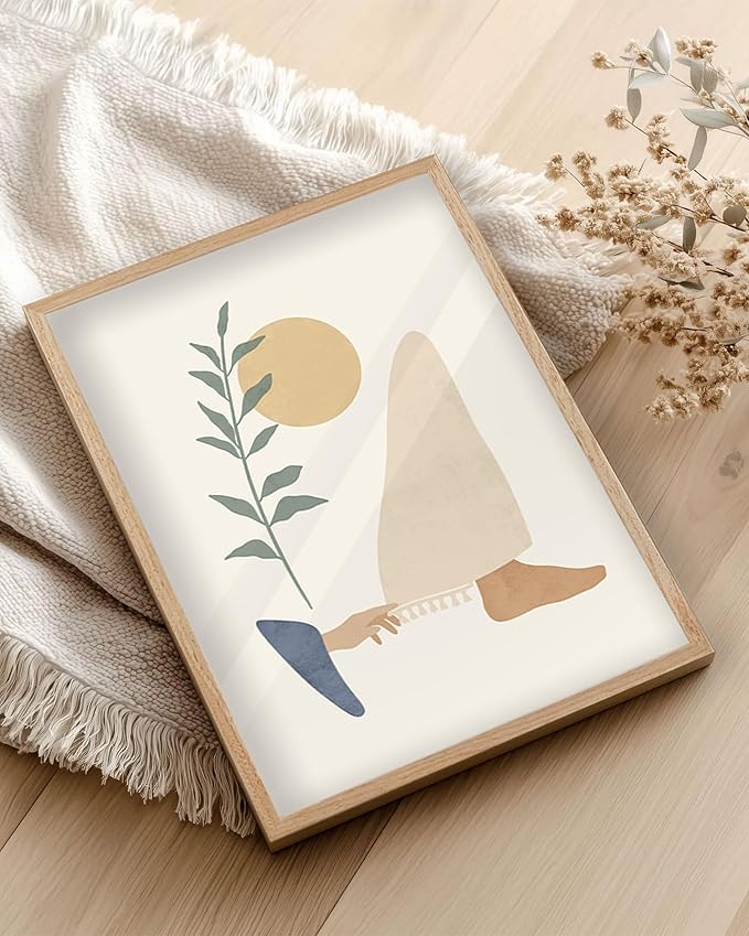 KensTro Natural OAK Wood Beige Boho Christian Framed Wall Art, 16x20 in Mid Century Modern Woman Touches Jesus Robe,Jesus Heals a Woman Canvas Art,Minimalist Religious 1Pack for Living Room Bedroom