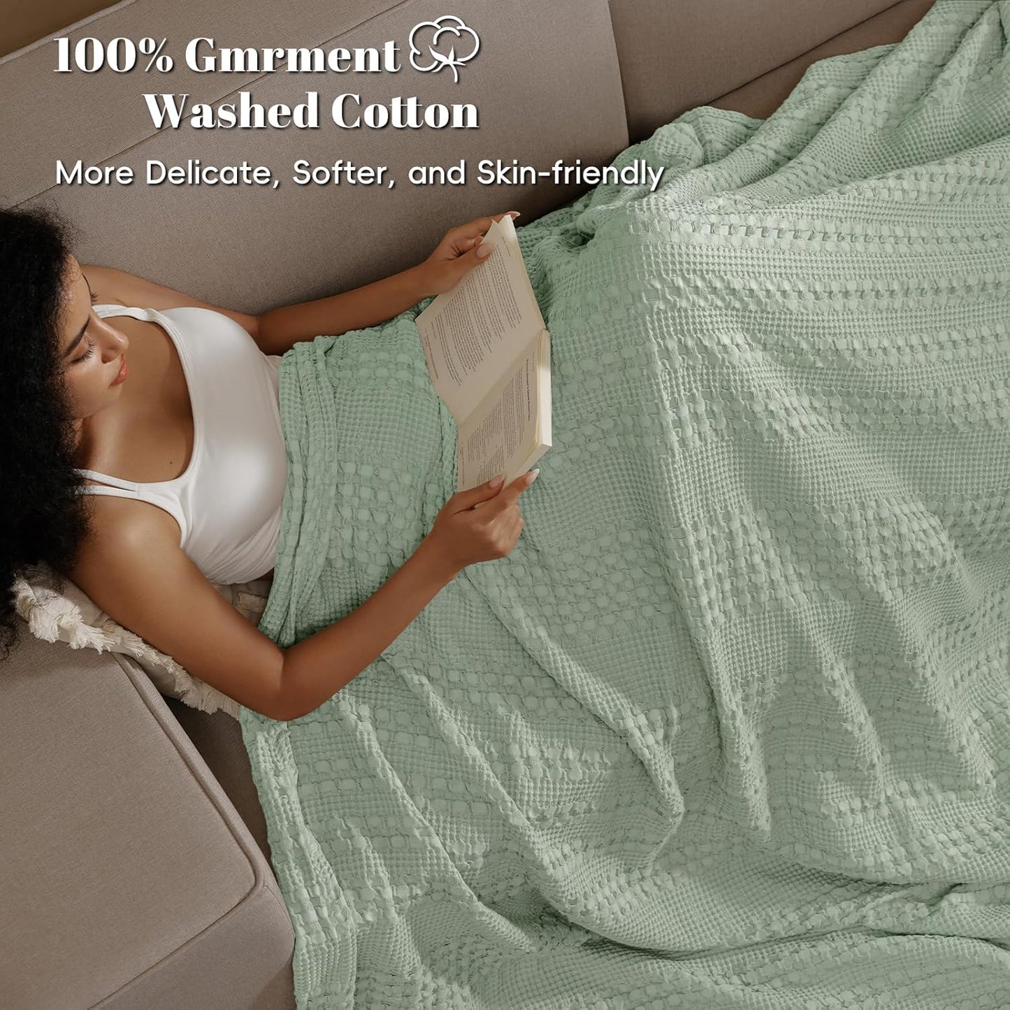 PHF 100% Cotton Waffle Weave Blanket Twin Size, Soft Lightweight Breathable Cozy Summer Blankets for Bed, Luxury Aesthetic Woven Bedding for Home Decor, 66"x90", Sage Green