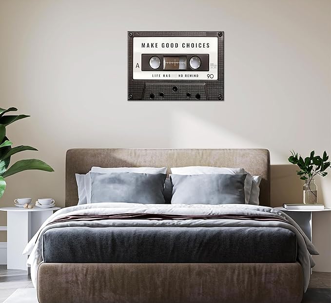 Inspirational Office Canvas Wall Art Picture Vintage Cassett Tape Prints Make Good Choices Life Has No Rewind Inspiring Artwork Motivational Wall Decor for Office Bedroom Living Room 16x24in Framed