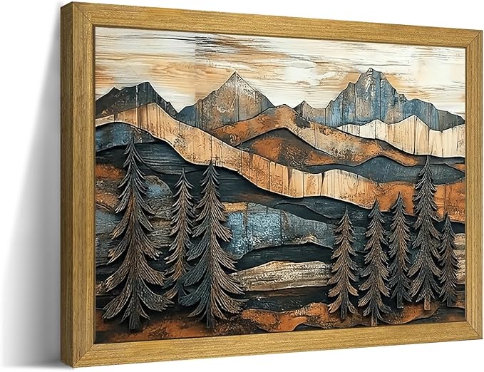 Vintage Boho Mountain Wall Art, Framed Landscape Canvas Wall Art, Nature Forest Wall Decor, Rustic Farmhouse Print Poster Painting for Living Room Bedroom Dining Room 16x24 Inch