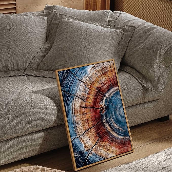 BingruiArt Framed Tree Ring Wall Art Blue and Red Boho Wall Decor Nature Print Wood Canvas Rustic Artwork Abstract Painting Modern Picture for Living Room Bedroom Bathroom 16"x24" Natural Framed(01)