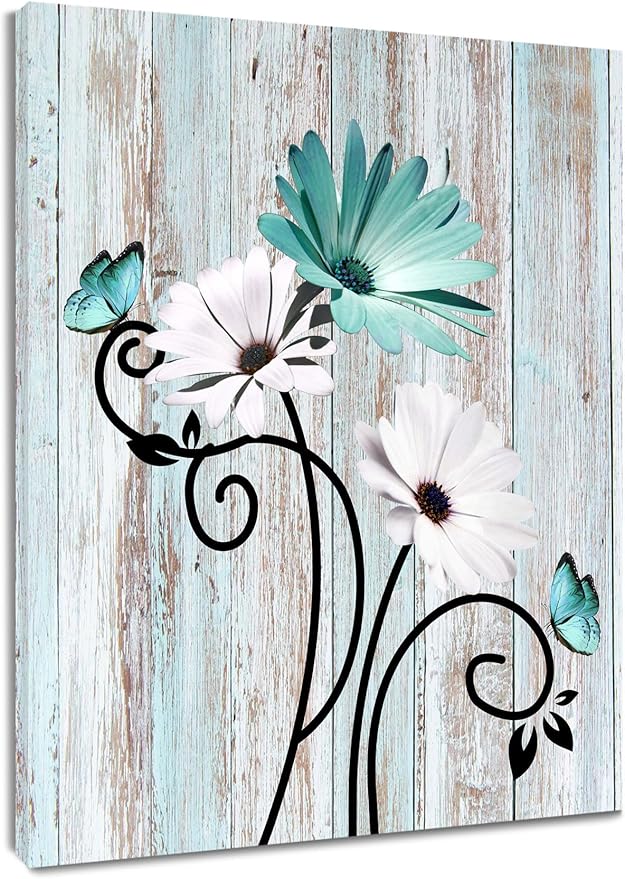 HVEST Teal Daisy Wall Art for Bathroom Aesthetic Flower and Butterfly Rustic Farmhouse Decor Turquoise and Teal Wall Art for Living Room Bedroom Kitchen Decor Ready to Hang, 20Lx16W Inches
