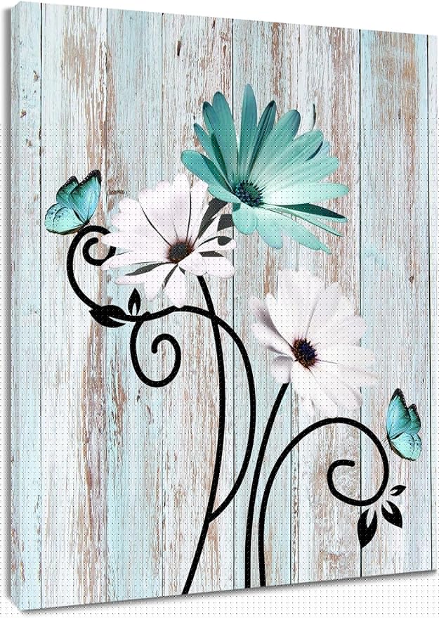 HVEST Teal Daisy Wall Art Vintage Flower and Butterfly on Rustic Wooden Abstract Painting Farmhouse Plant Wall Art for Bathroom Living Room Bedroom Kitchen Decor Ready to Hang, 10Lx8W Inches