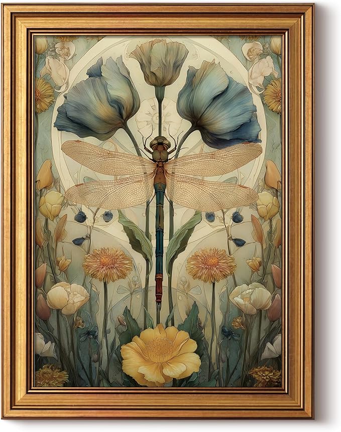 InSimSea Gold Framed Canvas Prints Wall Art, Vintage Floral Decor, Classical Dragonfly Flower Paintings Farmhouse Wall Decor Aesthetic, Antique Pictures for Bedroom Living Room Shelf, 12x16inch