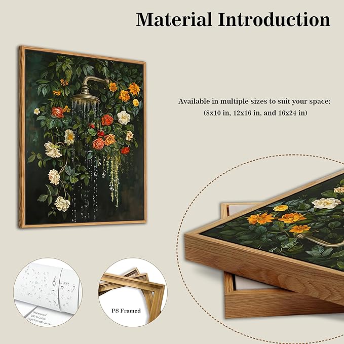 Floating Framed Floral Shower Wall Art, Vintage Botanical Flower Canvas Print, Romantic Garden Roses and Waterfall Painting, Nature Inspired Bathroom Wall Decor for Home Living Room 12x16 inch