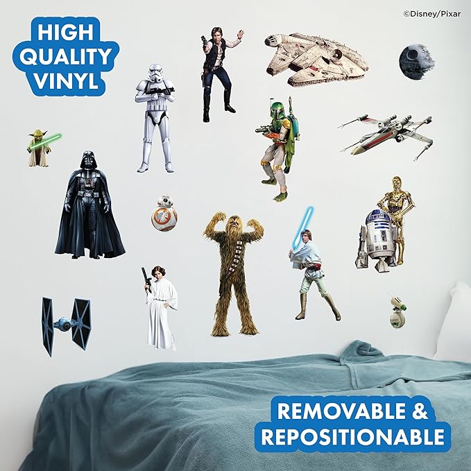 Star Wars Wall Decals - Set of 17 Removable Vinyl Stickers for Kids Bedroom Playroom Bathroom - Peel and Stick Room Décor