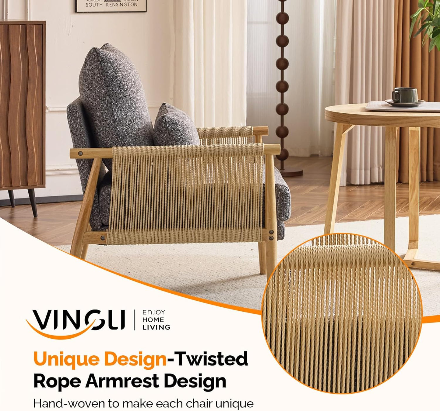 VINGLI Boho Braid Accent Armchairs Set of 2,Mid-Century Modern Chiars with Solid Wooden Armrest,Comfy Louge Cushion Chairs with Waist Pillow for Bedroom,Living Room,Reading Room, Gray