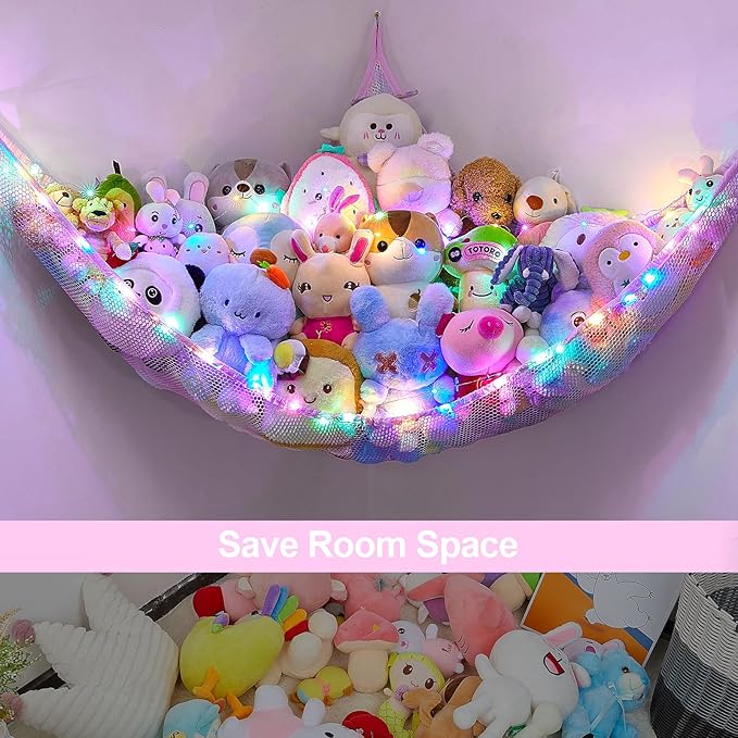 Unicorn Castle Stuffed Animals Net or Hammock Kids Toy Storage Organizer with LED Light Hanging Corner Stuffed Animals Holder Kids Girls Room Decor,Pale-Pink,Large (Pack of 1)