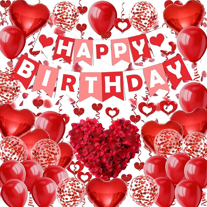 FECEDY Red Happy Birthday Banner Heart-Shaped Aluminum Foil Balloon Round Latex balloons Fake Petals Hanging Streamers for happy Birthday Party Decorations