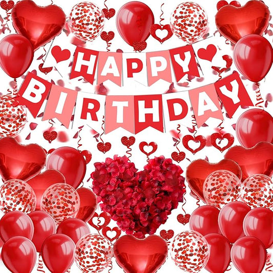 FECEDY Red Happy Birthday Banner Heart-Shaped Aluminum Foil Balloon Round Latex balloons Fake Petals Hanging Streamers for happy Birthday Party Decorations
