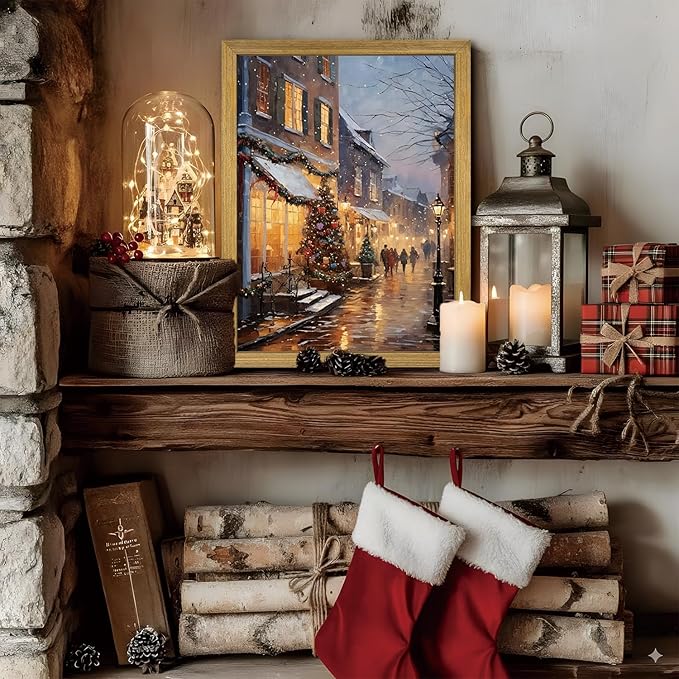 Vintage Christmas Wall Art, Christmas Tree Farm Scene with Red Barn, Rustic Winter Snow Street Canvas Print, Framed Holiday Oil Painting for Living Room Bedroom 12x16 Inch