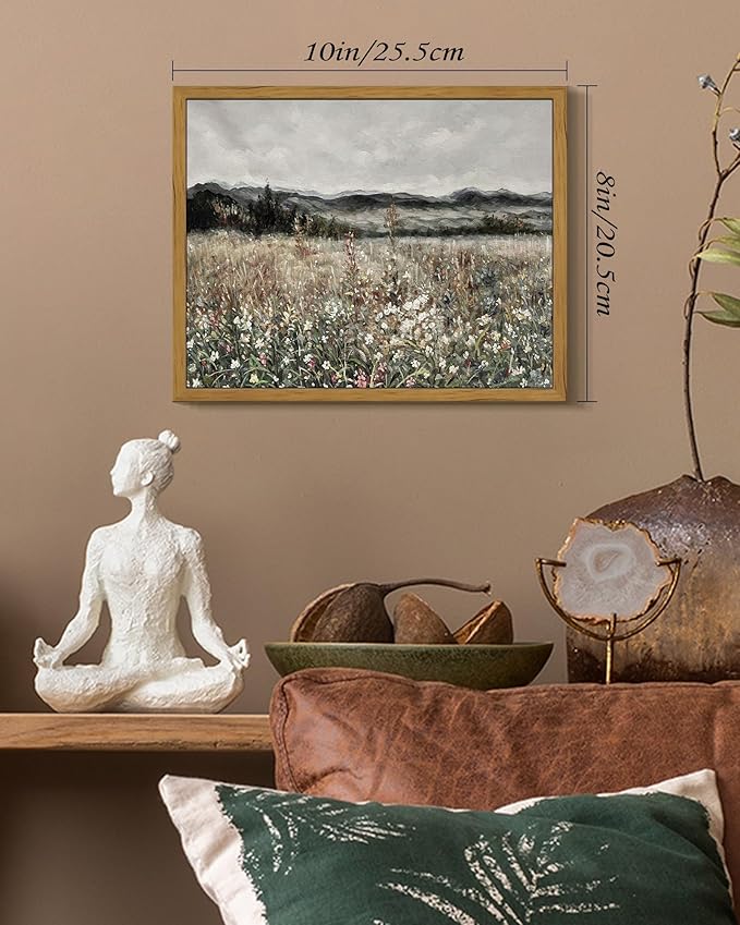SHENIFY Vintage Landscape Framed Wall Art Meadow Flowers Farmhouse Decor Retro Classic Painting for Kitchen Living Room Bedroom Bathroom - 8x10in Natural Framed