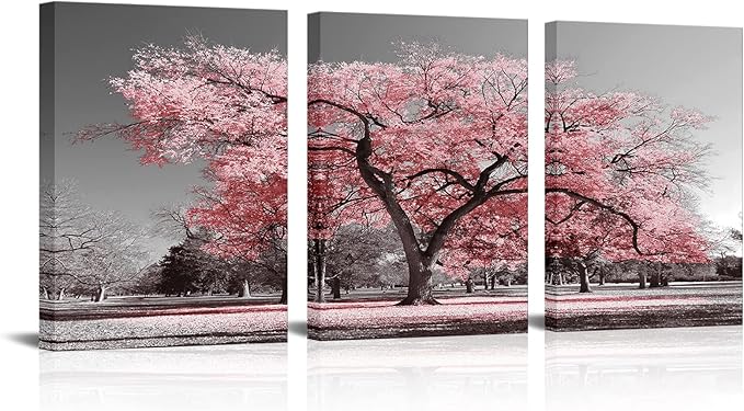 Visual Art Decor Pink Tree Canvas Wall Art Pink and Grey Room Decor Cherry Blossom Wall Art Modern Art Framed Ready to Hang Living Room Wall Decor 12x16inchx3 Piece