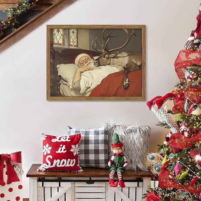 Framed Christmas Wall Art, Vintage Santa Claus and Reindeer Canvas Prints Winter Holiday Home Decor Christmas Wall Decor for Bedroom Living Room – 16x24in