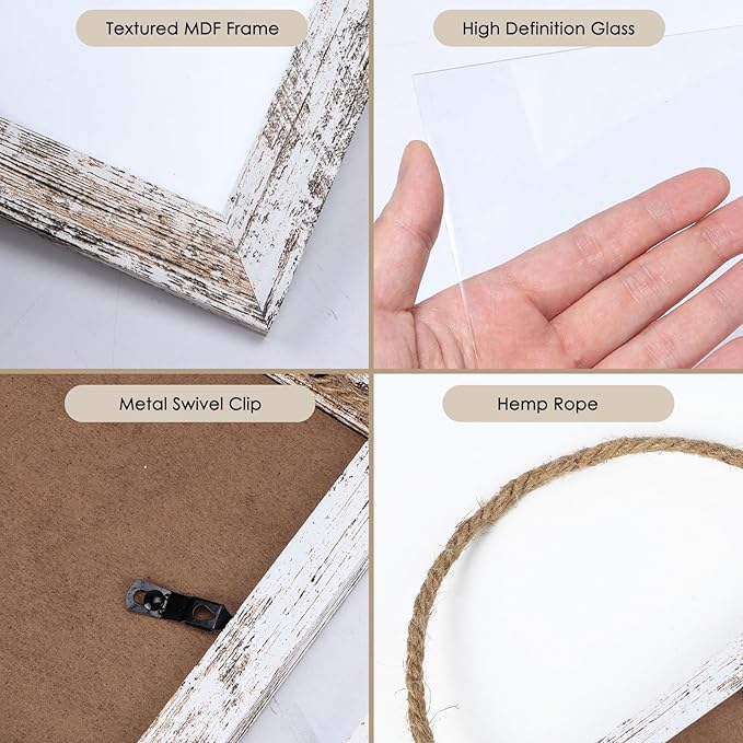 QUTREY 5x7 Collage Picture Frames, 6 Openings Hanging Photo Frame Set Display Vertical 5 by 7 inch Pictures for Wall Decor, Distressed White, 2 Pack