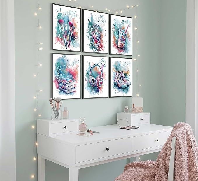 Suvinor 6Pcs Teen Girls Bedroom Canvas Wall Art Blue Preppy Perfume Cosmetics Headphones Painting Picture Wall Decor Music Lover Print Artwork for Girl Bedroom Bathroom Dorm Home Decoration Unframed