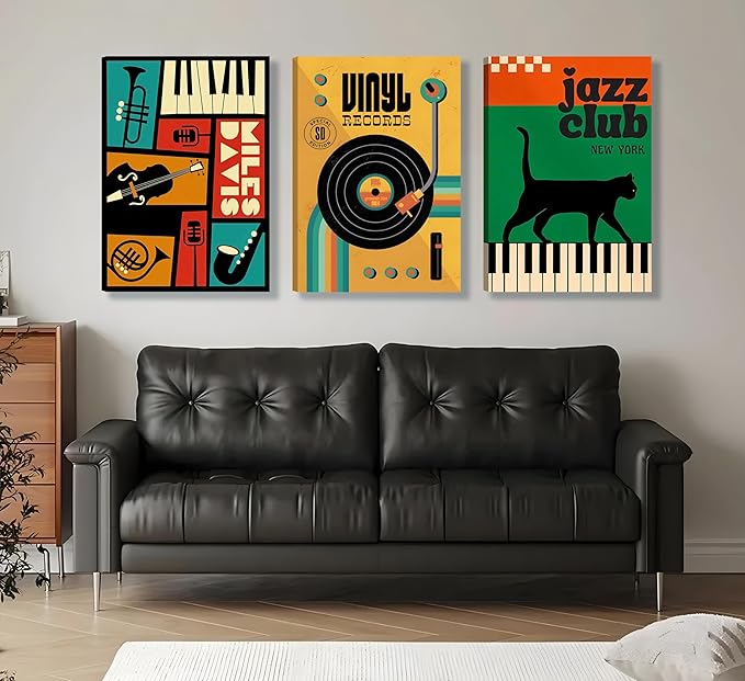 Framed 3pcs Retro Jazz Music Wall Art Vintage Vinyl Records Paintings Musical Instruments Black Cat on Piano Canvas Prints Poster for Living Room Bedroom Music Room Decoration