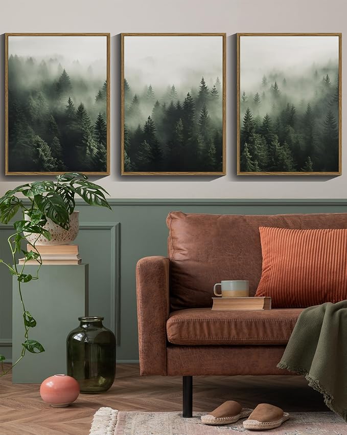 SHENIFY Green Fog Pine Tree Forest Canvas Wall Art 11x14in Framed Modern Artwork Prints Decor