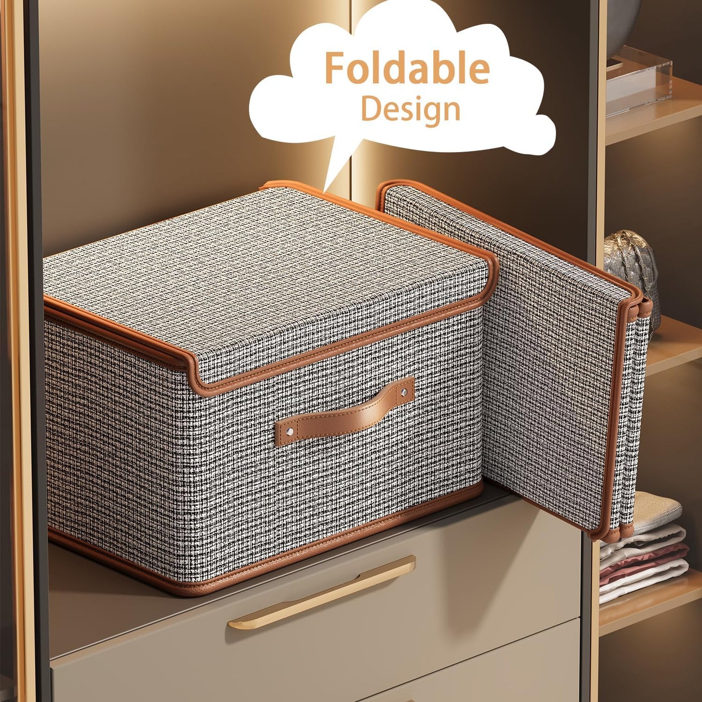Tuza 4 Pack Storage Bins with Lids, Collapsible Closet Organizer Container, Fabric Organizer Box with Handles, Decorative Storage Boxes with Lids for Organizing Clothes, Sheet, Light Grey, Extra Large