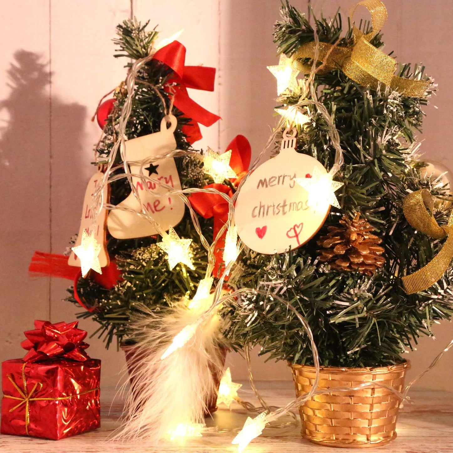 Blulu 100 Pieces Christmas Wooden Ornaments Star Round Wood Slices Wood Snowflake Angel Shape Christmas Tree Hanging Embellishments with 100 Pieces Cords (Style 1)