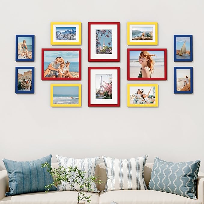 Vittanly 12 Pack Picture Frames Collage Wall Decor for Mounting or Tabletop Display, Gallery Wall Frame Set for Family, Multi Sizes Including 4pcs 8x10, 4pcs 5x7, 4pcs 4x6, Red & Yellow & Blue