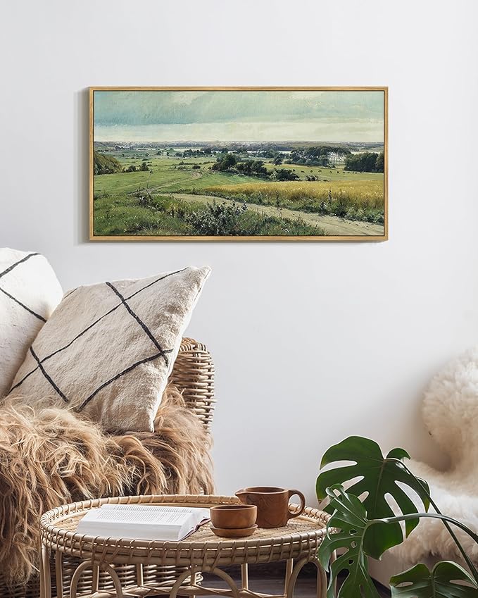 SHENIFY Vintage Landscape Framed Wall Art Rustic Countryside Meadow Farmhouse Decor Retro Grassland Painting for Kitchen Bedroom Living Room Bathroom - 8x16in Natural Framed