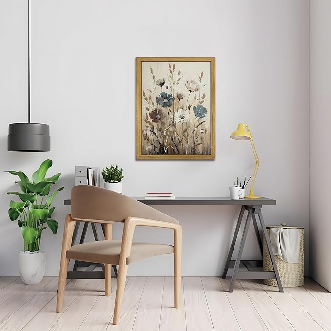 Yaneiro Wood Framed Vintage Wildflower Wall Art, Boho Canvas Wall Decor Paintings, Sage Flower Bathroom Decor, Countryside Farmhouse Landscape Posters Print for Bedroom Hallway Living Room 12x16 Inch