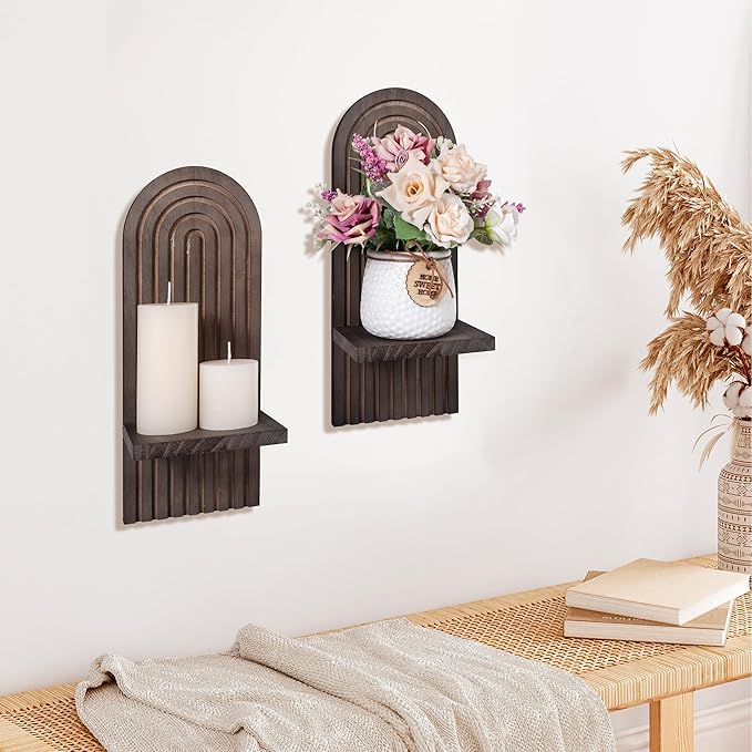 Sconces Wall Decor Set of 2, Wall Candle Holder Rustic Home Decor, Floating Candle Sconces Shelf Brown Wall Art, Farmhouse Wall Decor for Living Room, Dining Room, Bedroom, Bathroom