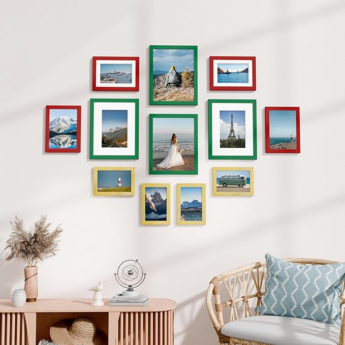 Vittanly 12 Pack Picture Frames Collage Wall Decor for Mounting or Tabletop Display, Gallery Wall Frame Set for Family, Multi Sizes Including 4pcs 8x10, 4pcs 5x7, 4pcs 4x6, Green & Red & Gold