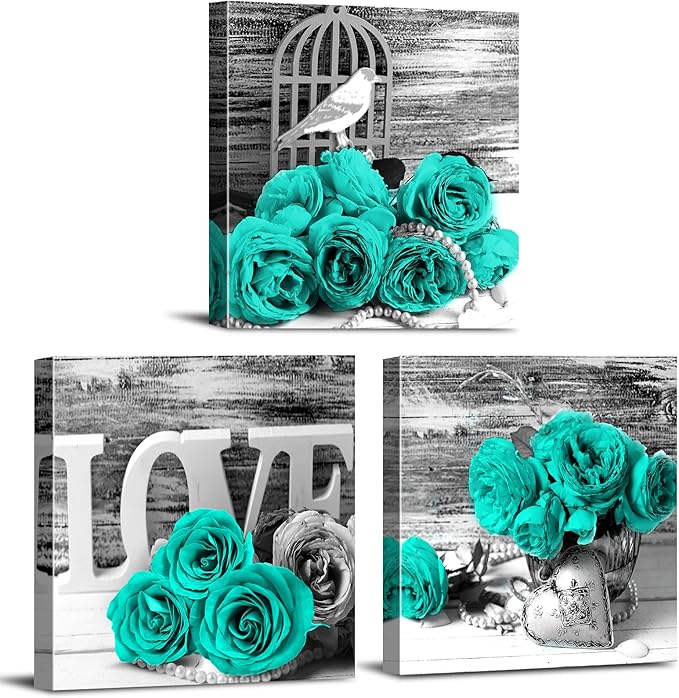 Turquoise Wall Art Teal Kitchen Wall Decor Black and Grey Rose Flower Pictures Bedroom Bathroom Accessories Floral Theme Canvas Prints Paintings Love Artwork Romantic Poster Home Decorations 16x16” 3P